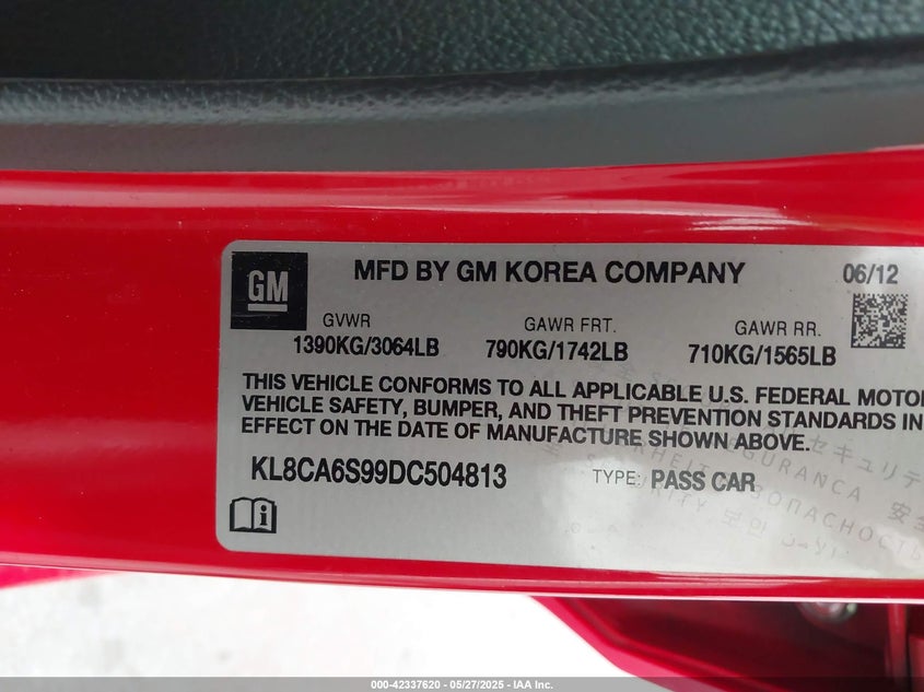 2013 CHEVROLET SPARK VIN: KL8CA6S99DC504813