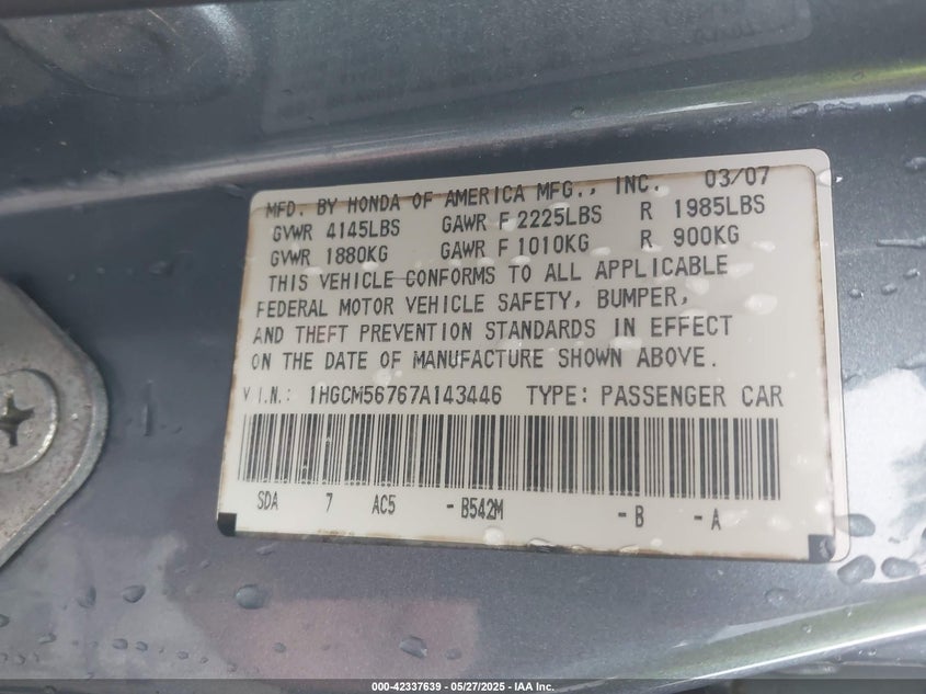 2007 HONDA ACCORD VIN: 1HGCM56767A143446
