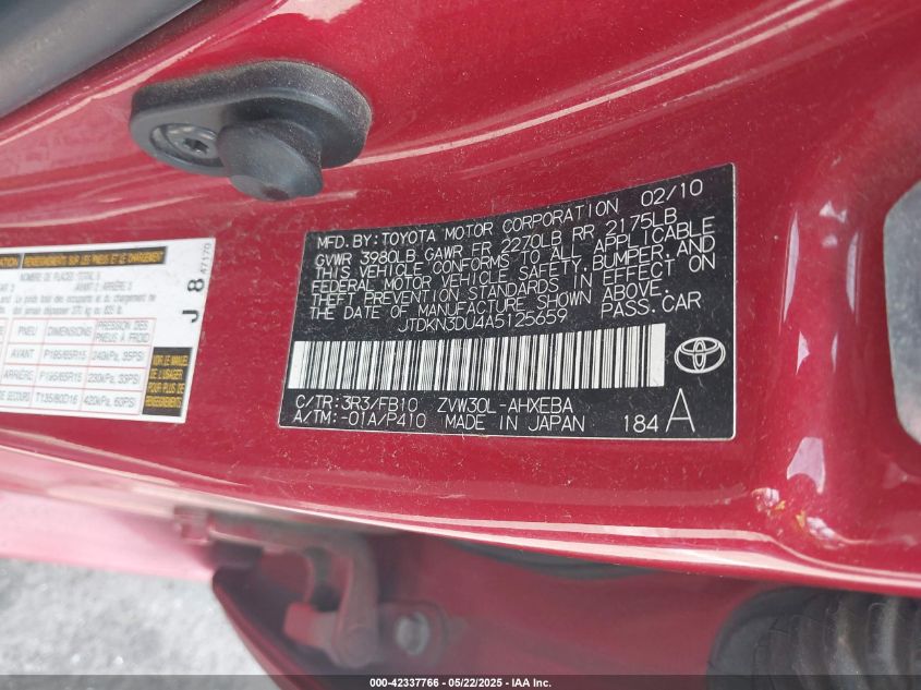 2010 Toyota Prius I/Ii/Iii/Iv/V VIN: JTDKN3DU4A5125659 Lot: 42337766