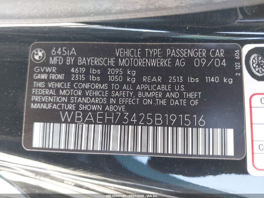 2005 BMW 645Ci VIN: WBAEH73425B191516 Lot: 42337789