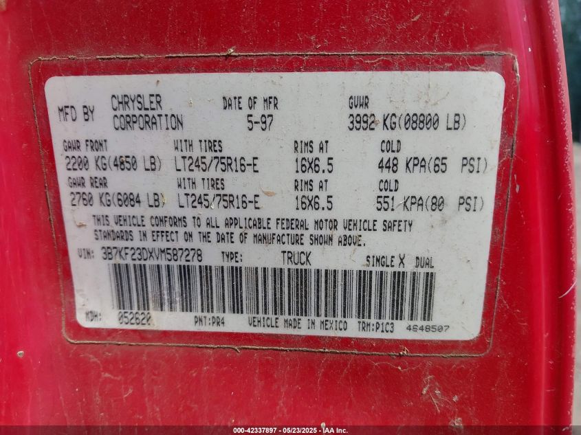 1997 Dodge Ram 2500 St VIN: 3B7KF23DXVM587278 Lot: 42337897