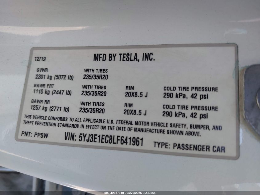 2020 Tesla Model 3 Performance Dual Motor All-Wheel Drive VIN: 5YJ3E1EC8LF641961 Lot: 42337940