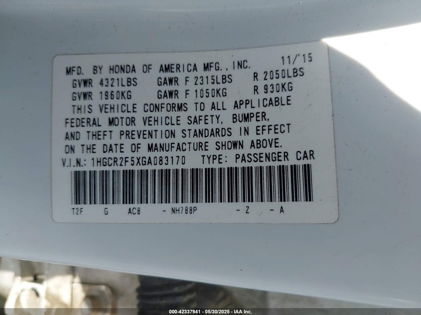 2016 HONDA ACCORD VIN: 1HGCR2F5XGA083170