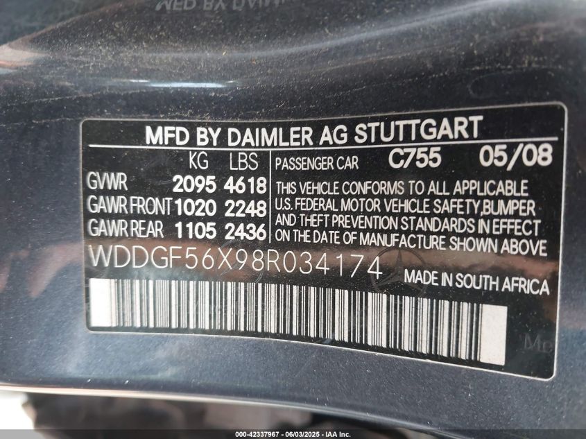 2008 Mercedes-Benz C 350 Sport VIN: WDDGF56X98R034174 Lot: 42337967