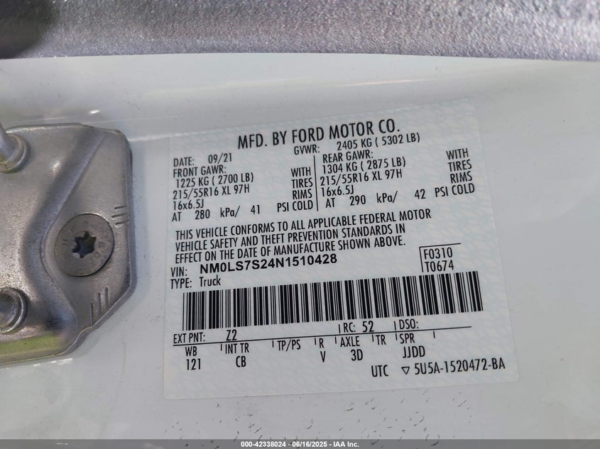 VIN NM0LS7S24N1510428 2022 FORD TRANSIT CONNECT XL CARGO VAN