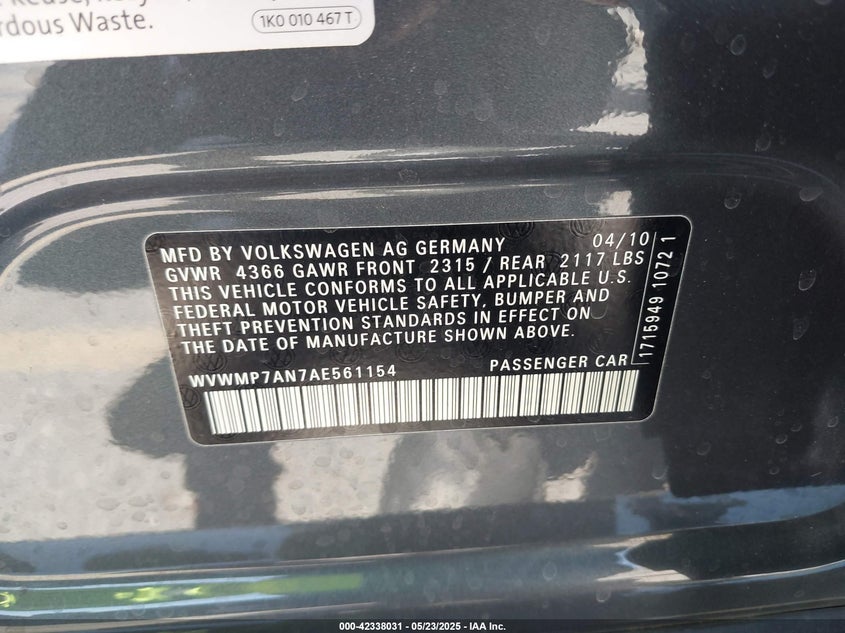 2010 VOLKSWAGEN CC VIN: WVWMP7AN7AE561154