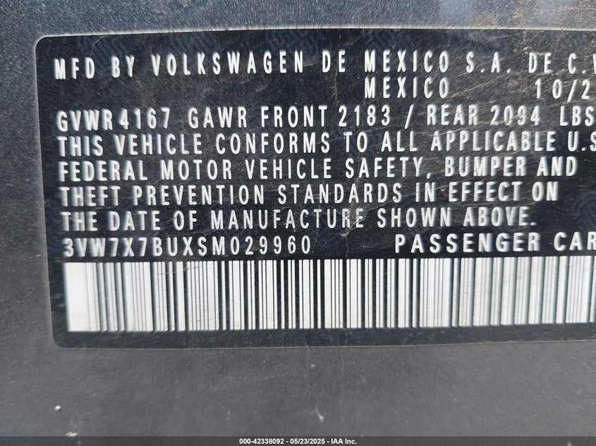2025 VOLKSWAGEN JETTA VIN: 3VW7X7BUXSM029960