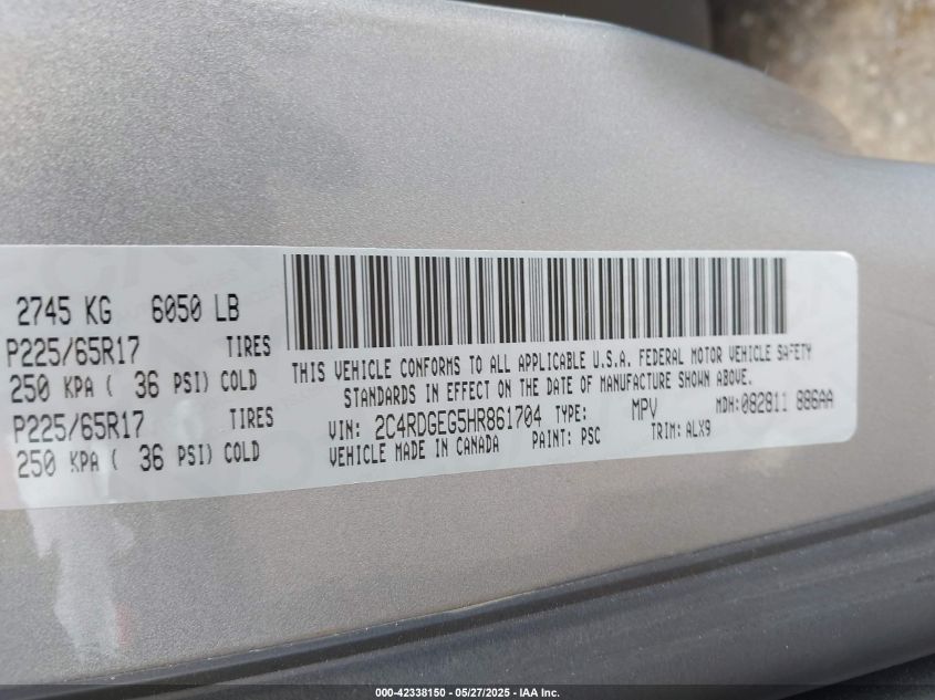 2017 Dodge Grand Caravan Gt VIN: 2C4RDGEG5HR861704 Lot: 42338150