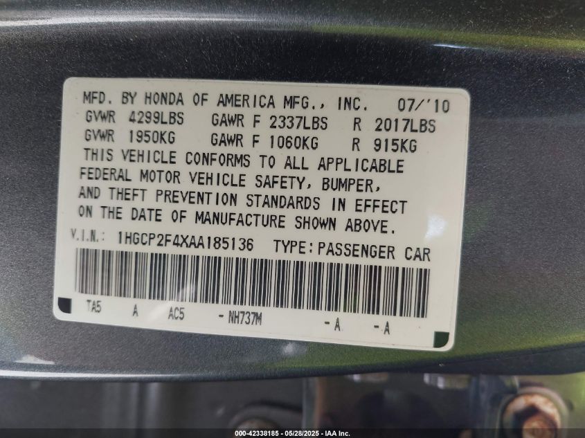 2010 Honda Accord Lxp VIN: 1HGCPUF4XAA185136 Lot: 42338185