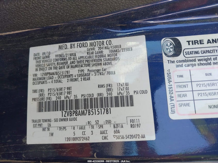 2011 FORD MUSTANG VIN: 1ZVBP8AM7B5151781