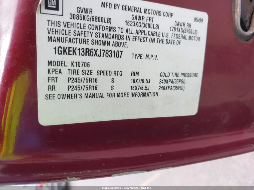 1999 GMC Yukon Slt Cmi VIN: 1GKEK13R6XJ783107 Lot: 42338270