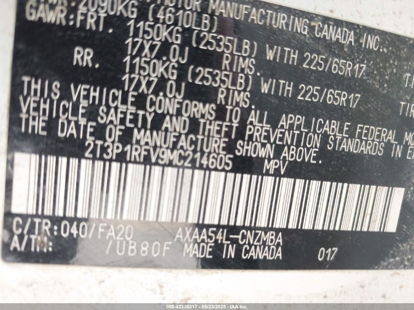 2021 Toyota Rav4 Xle VIN: 2T3P1RFV9MC214605 Lot: 42338317