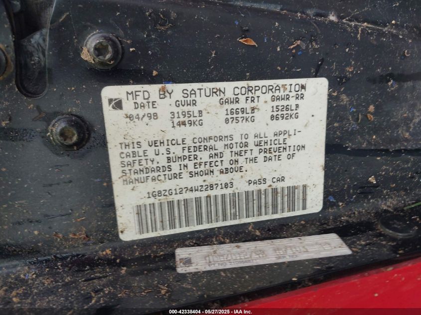 1998 Saturn Sc2 VIN: 1G8ZG1274WZ287103 Lot: 42338404