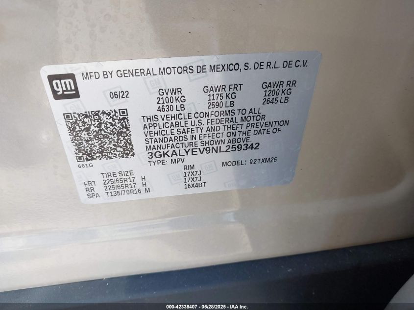 2022 GMC Terrain Awd At4 VIN: 3GKALYEV9NL259342 Lot: 42338407