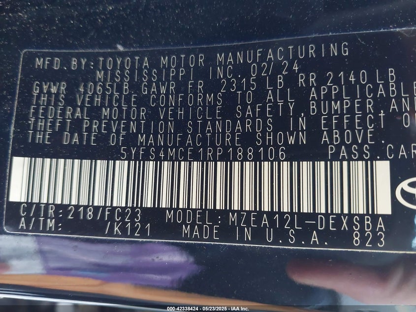2024 TOYOTA COROLLA VIN: 5YFS4MCE1RP188106