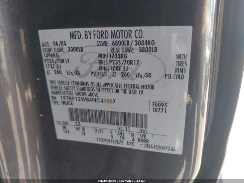 2004 Ford F-150 Stx/Xl/Xlt VIN: 1FTRF12W84NC41567 Lot: 42338597