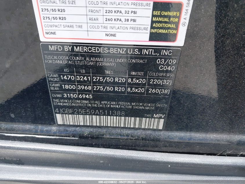 2009 Mercedes-Benz Gl 320 Bluetec 4Matic VIN: 4JGBF25E59A511388 Lot: 42338632