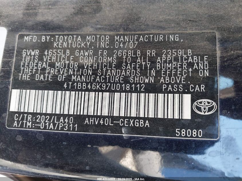 2007 Toyota Camry Hybrid VIN: 4T1BB46K97U018112 Lot: 42338905