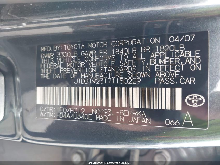 2007 Toyota Yaris S VIN: JTDBT923171150229 Lot: 42339011