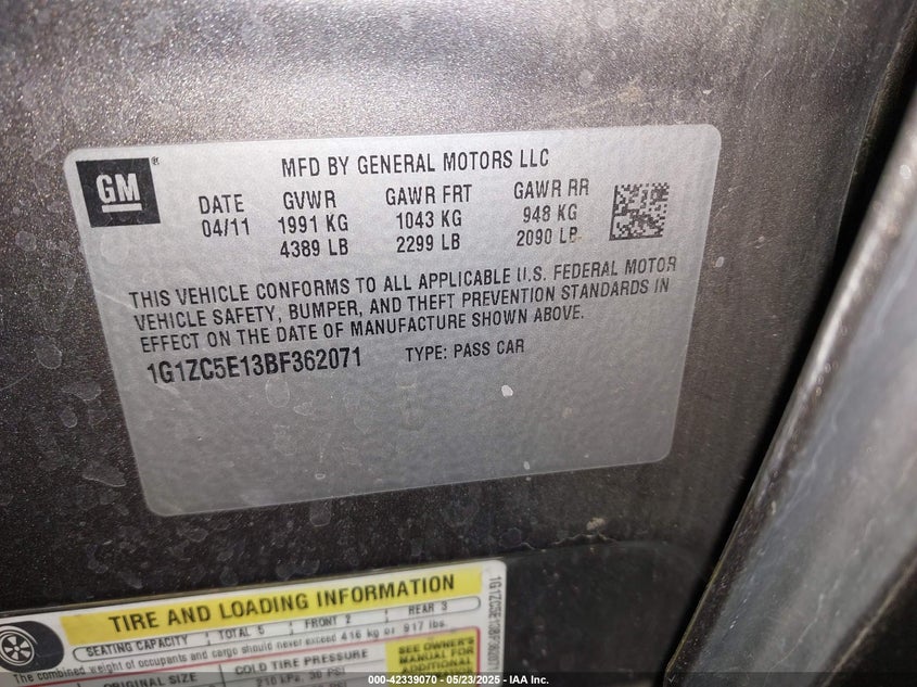 2011 CHEVROLET MALIBU VIN: 1G1ZC5E13BF362071