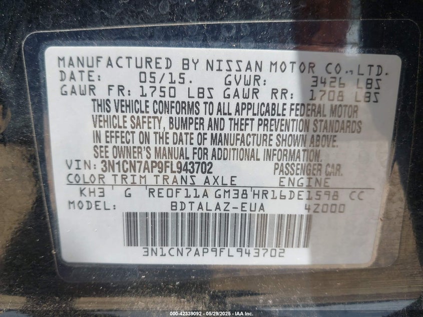2015 NISSAN VERSA VIN: 3N1CN7AP9FL943702