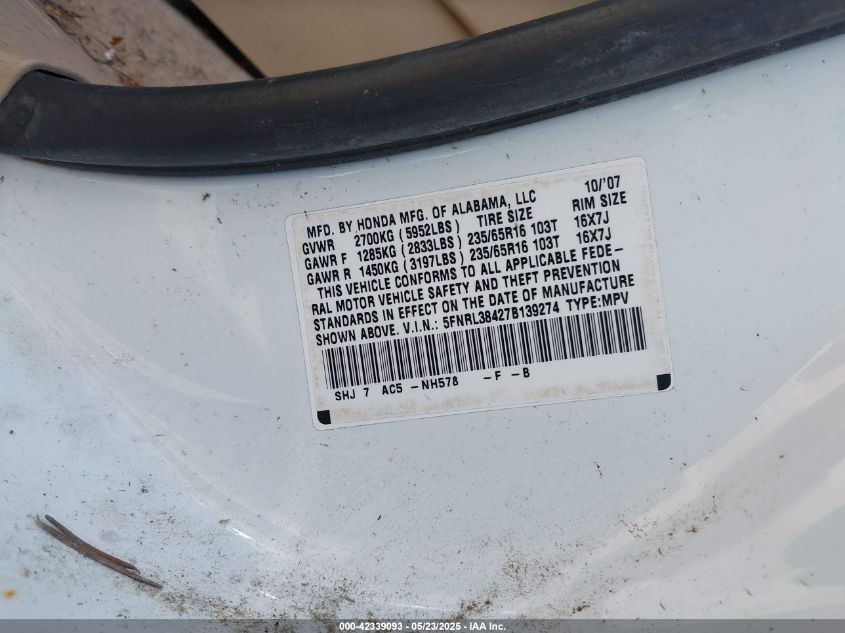 2007 Honda Odyssey Ex VIN: 5FNRL38427B139274 Lot: 42339093