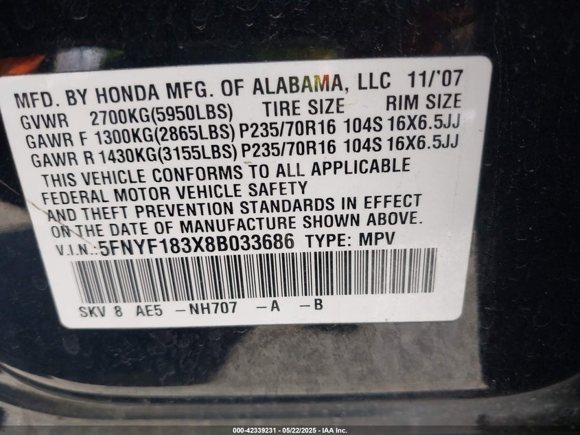 2008 HONDA PILOT VIN: 5FNYF183X8B033686