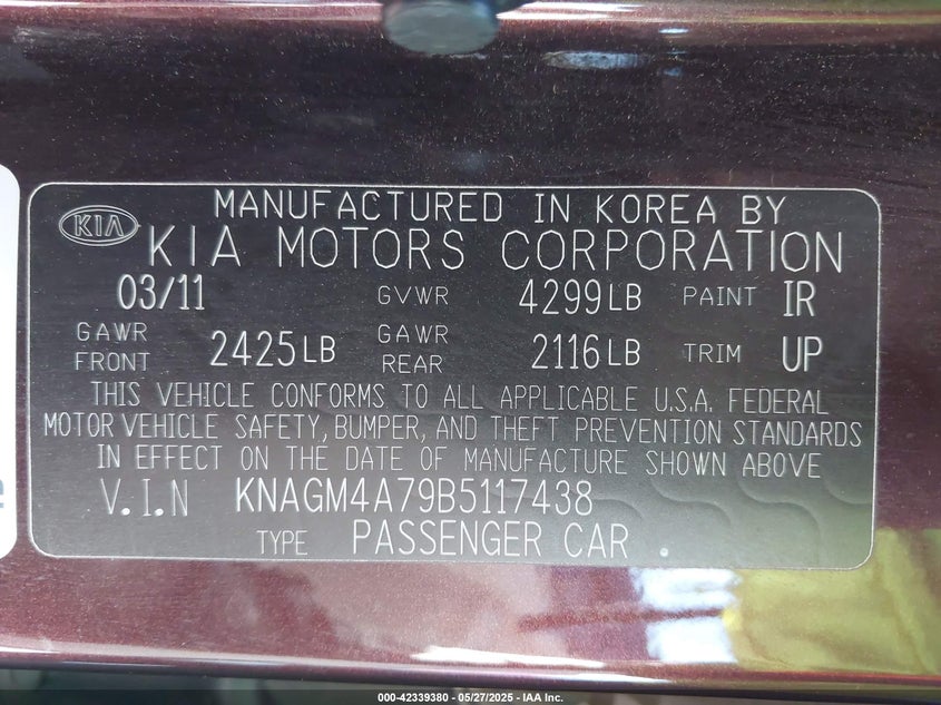 2011 KIA OPTIMA VIN: KNAGM4A79B5117438