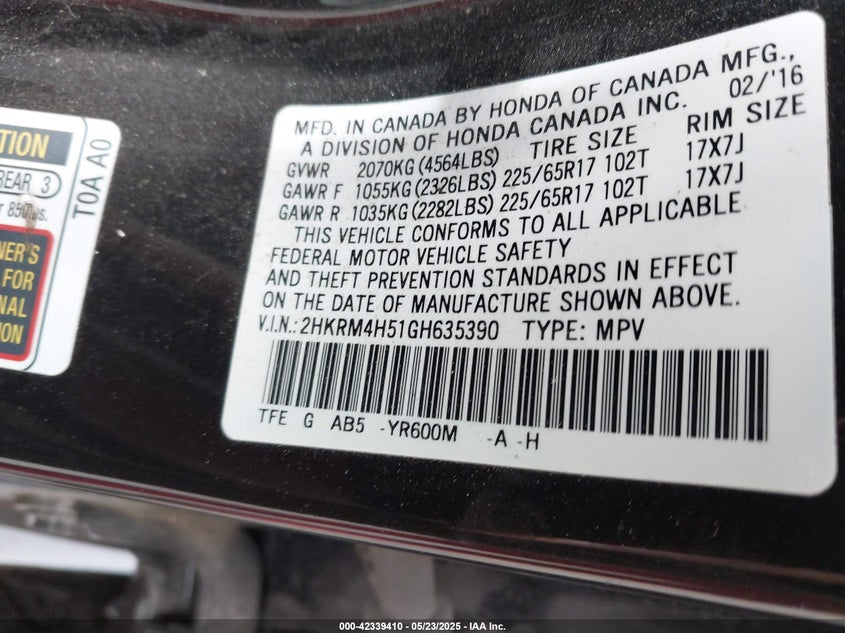 2016 HONDA CR-V EX - 2HKRM4H51GH635390