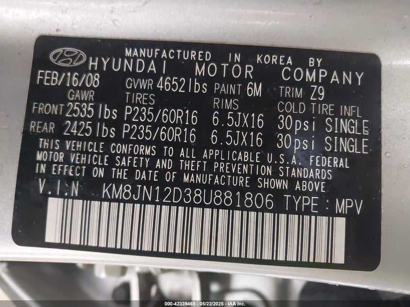 2008 HYUNDAI TUCSON VIN: KM8JN12D38U881806