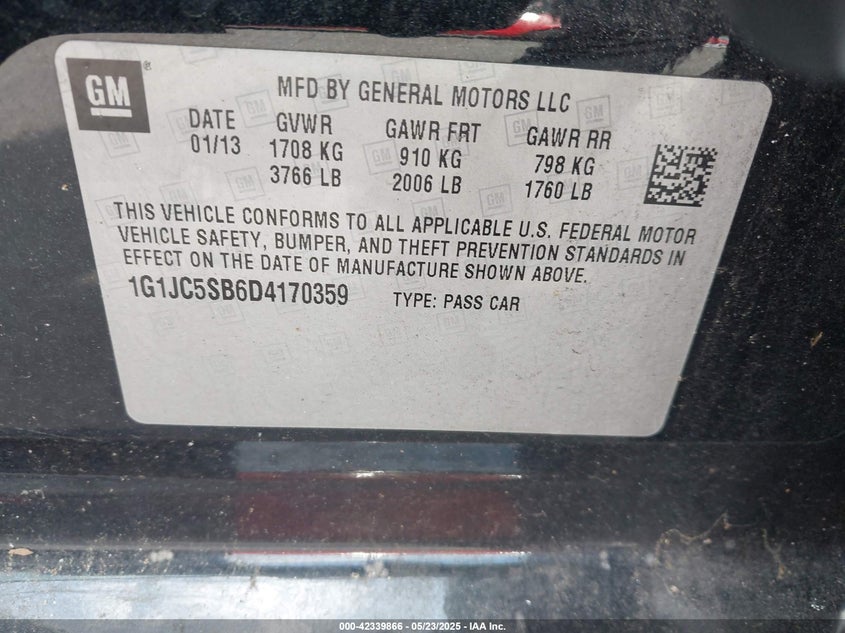2013 CHEVROLET SONIC VIN: 1G1JC5SB6D4170359