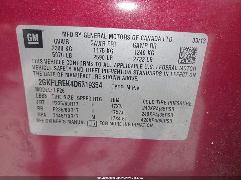 2013 GMC Terrain Sle-1 VIN: 2GKFLREK4D6319354 Lot: 42339898