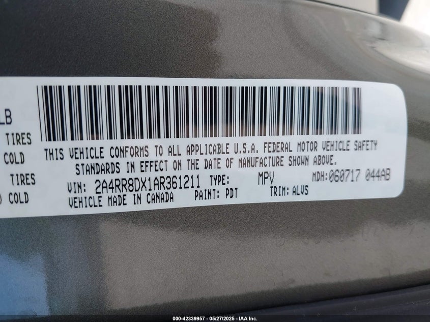 2010 CHRYSLER TOWN & COUNTRY VIN: 2A4RR8DX1AR361211