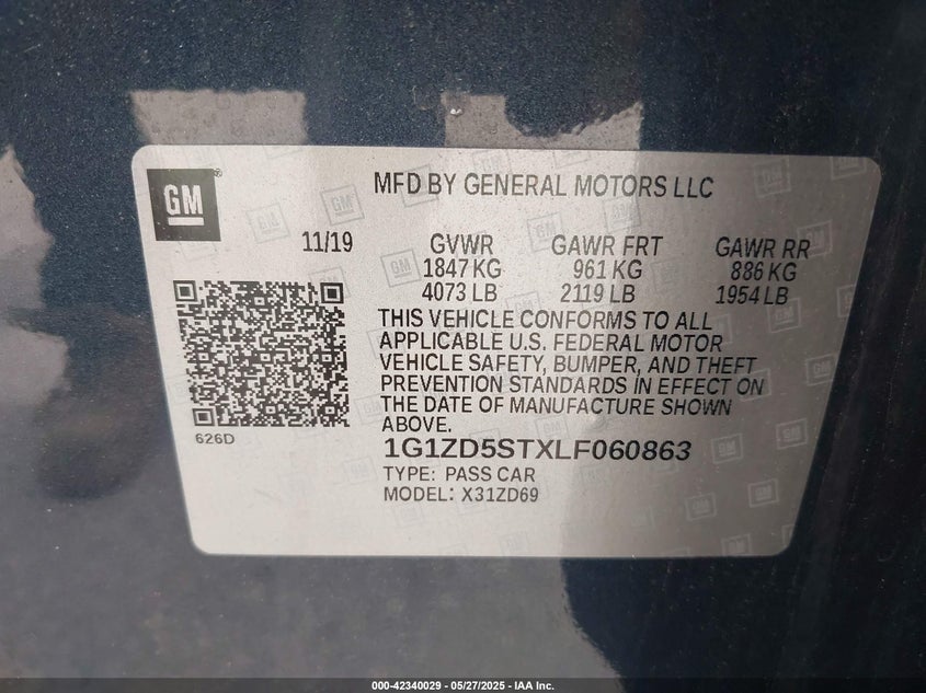 2020 CHEVROLET MALIBU VIN: 1G1ZD5STXLF060863