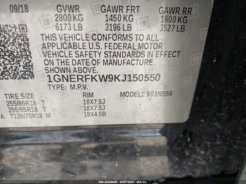 2019 CHEVROLET TRAVERSE VIN: 1GNERFKW9KJ150550