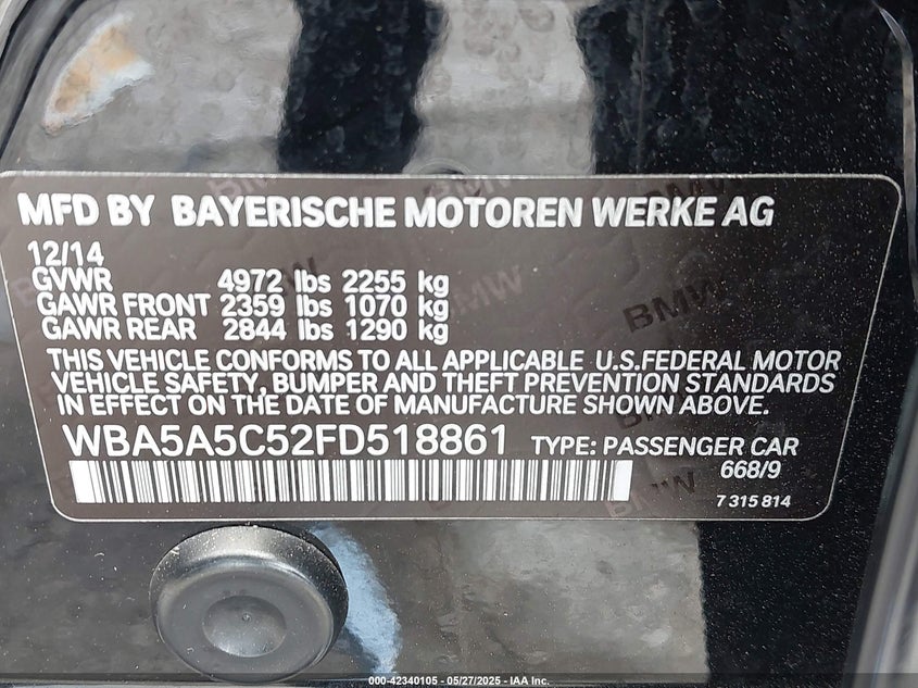 2015 BMW 528I VIN: WBA5A5C52FD518861