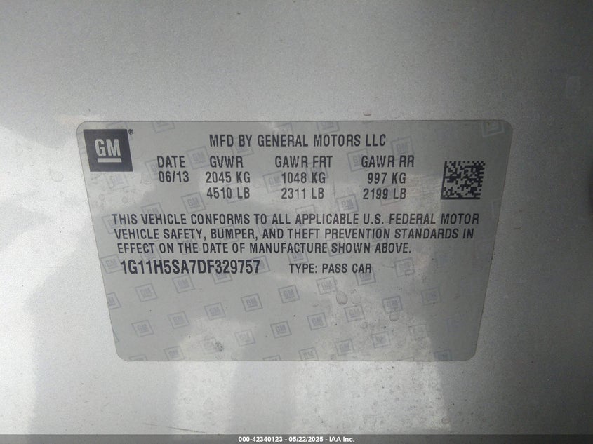 2013 CHEVROLET MALIBU VIN: 1G11H5SA7DF329757