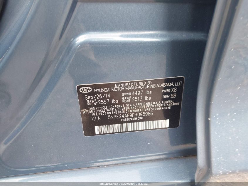 2015 Hyundai Sonata VIN: 5NPE42AF9FH095986 Lot: 42340143