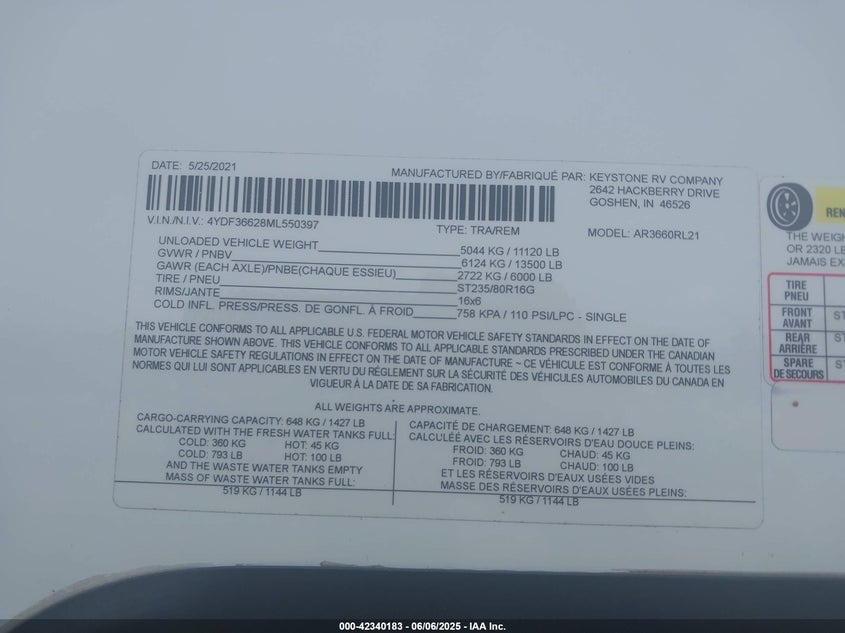 2022 KEYSTONE RV ARCADIA(VIN: 4YDF36628ML550397