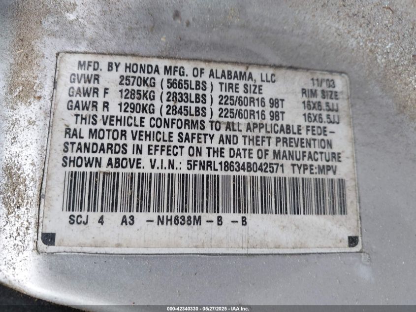 2004 Honda Odyssey Ex VIN: 5FNRL18634B042571 Lot: 42340330