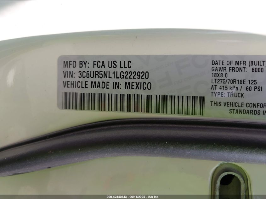 2020 Ram 2500 Laramie 4X4 6'4 Box VIN: 3C6UR5NL1LG222920 Lot: 42340343