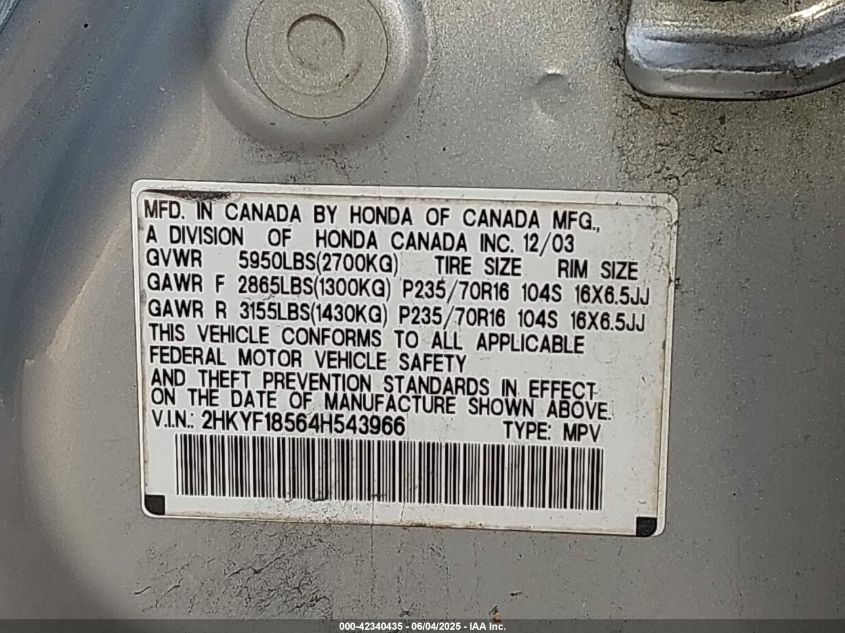 2004 Honda Pilot Ex-L VIN: 2HKYF18564H543966 Lot: 42340435