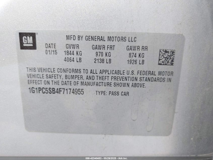 2015 Chevrolet Cruze 1Lt Auto VIN: 1G1PC5SB4F7174955 Lot: 42340453