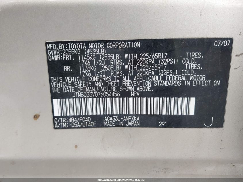 2007 Toyota Rav4 VIN: JTMBD33V076054458 Lot: 42340493