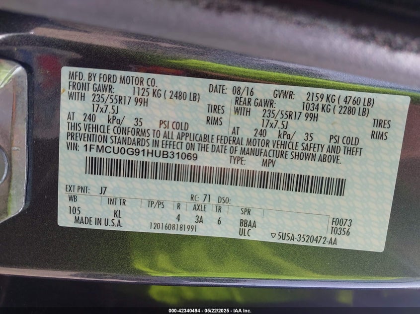 VIN 1FMCU0G91HUB31069 2017 FORD ESCAPE SE
