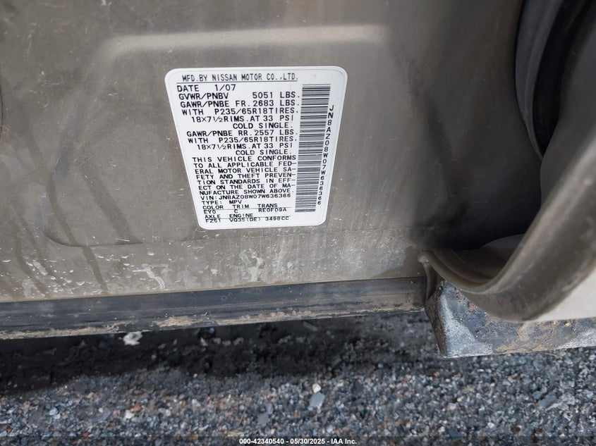 2007 Nissan Murano S VIN: JN8AZ08W07W636366 Lot: 42340540