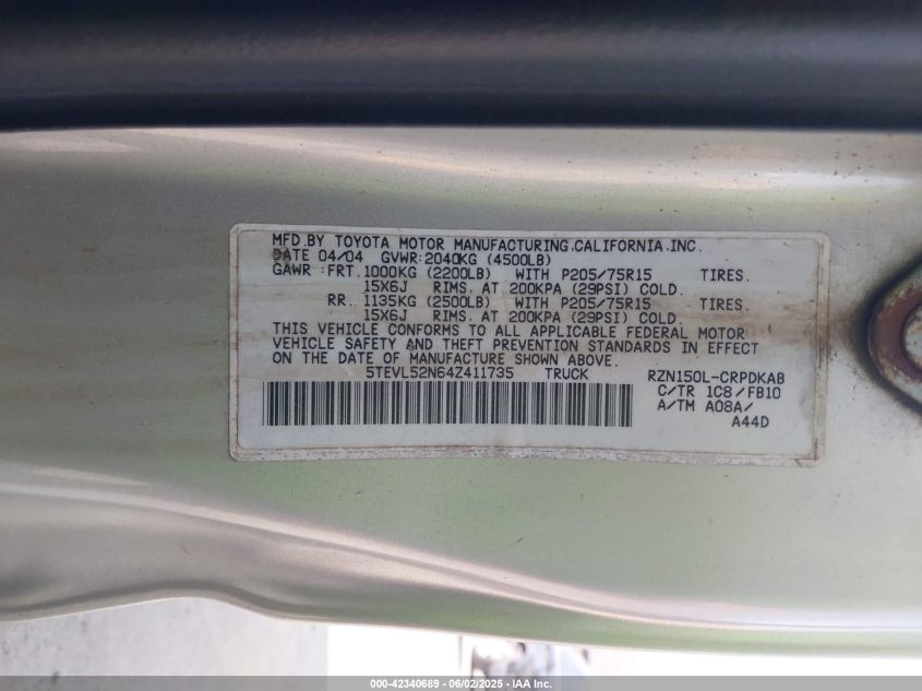 2004 Toyota Tacoma VIN: 5TEVL52N64Z411735 Lot: 42340689