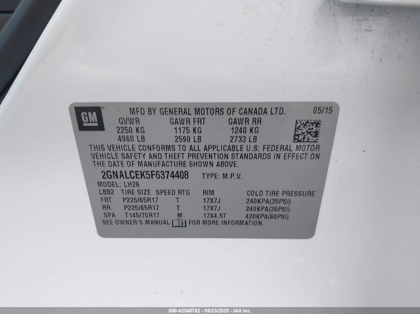 2015 Chevrolet Equinox 2Lt VIN: 2GNALCEK5F6374408 Lot: 42340702