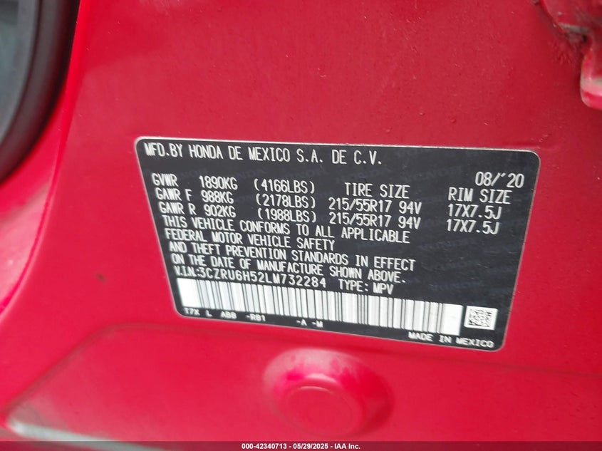 VIN 3CZRU6H52LM732284 2020 HONDA HR-V AWD EX