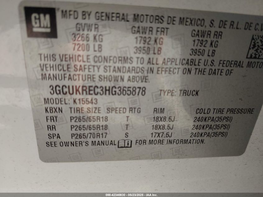 2017 Chevrolet Silverado 1500 2Lt VIN: 3GCUKREC3HG365878 Lot: 42340830